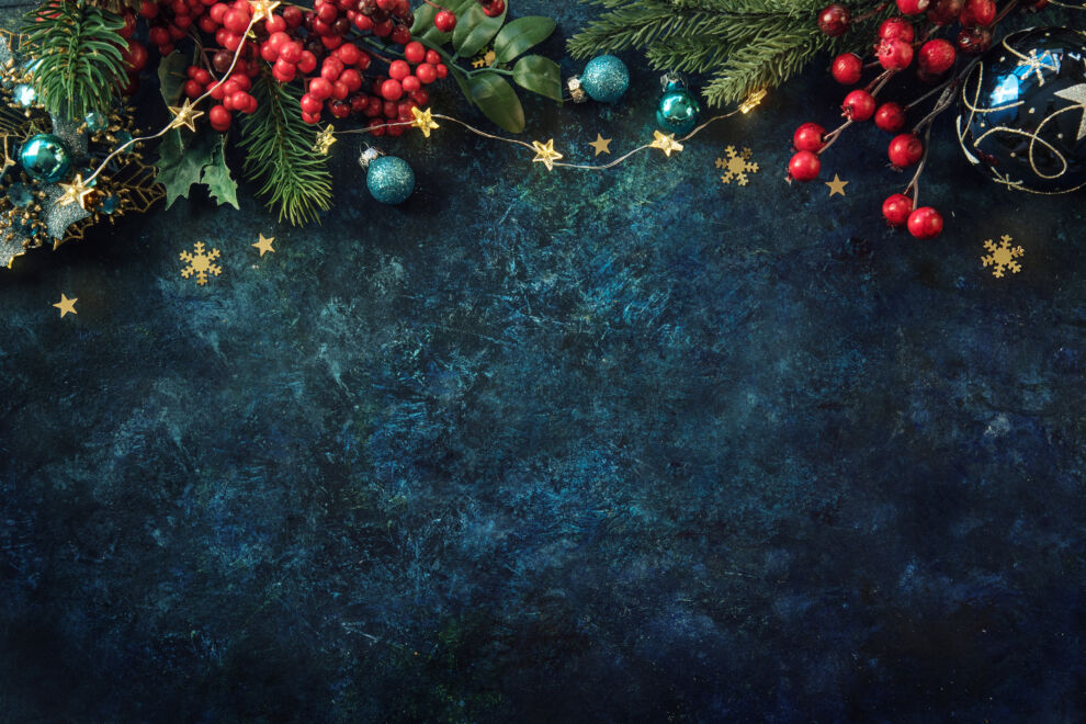 Christmas background with a festive decor, fir tree and place for text