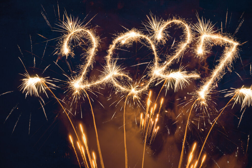 happy new year, new year's eve, silvester, new years eve, sparklers celebration greeting card, new year card - Year 2027 in sparkler font and firework fireworks pyrotechnic, blue night sky background