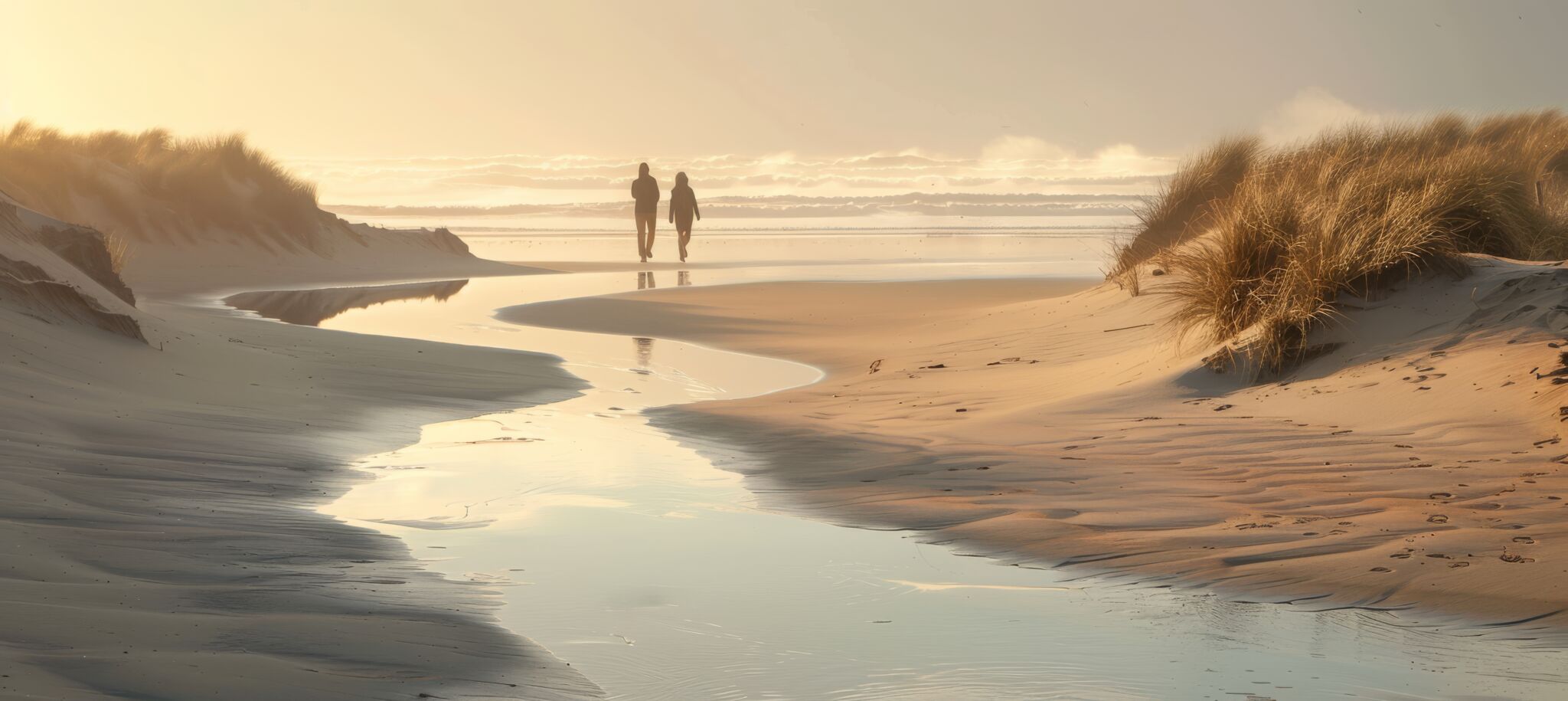 Romantic Morning Beach Stroll of a couple on a blurry background