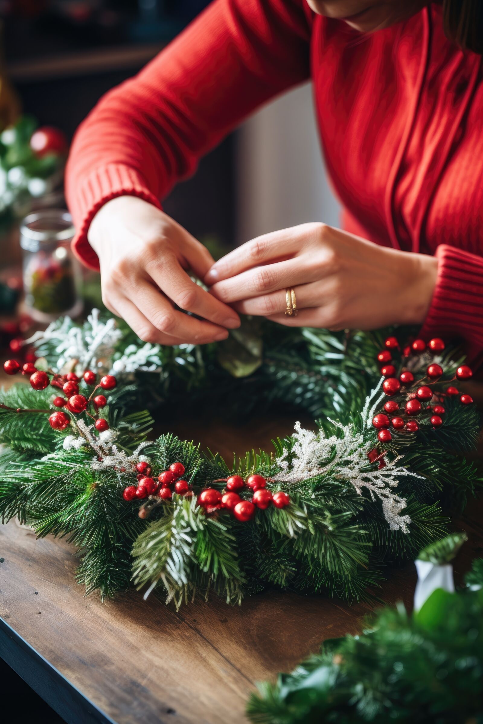 Woman is making a Christmas wreath. Generative AI