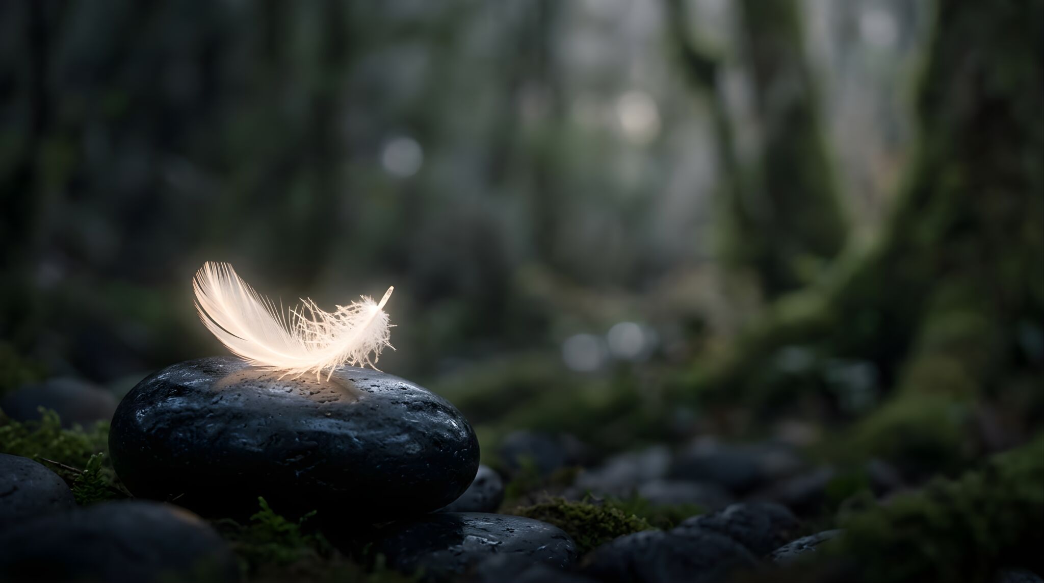 Soft white feather resting on a smooth dark stone in a tranquil forest