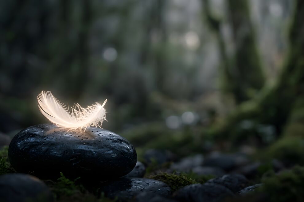 Soft white feather resting on a smooth dark stone in a tranquil forest